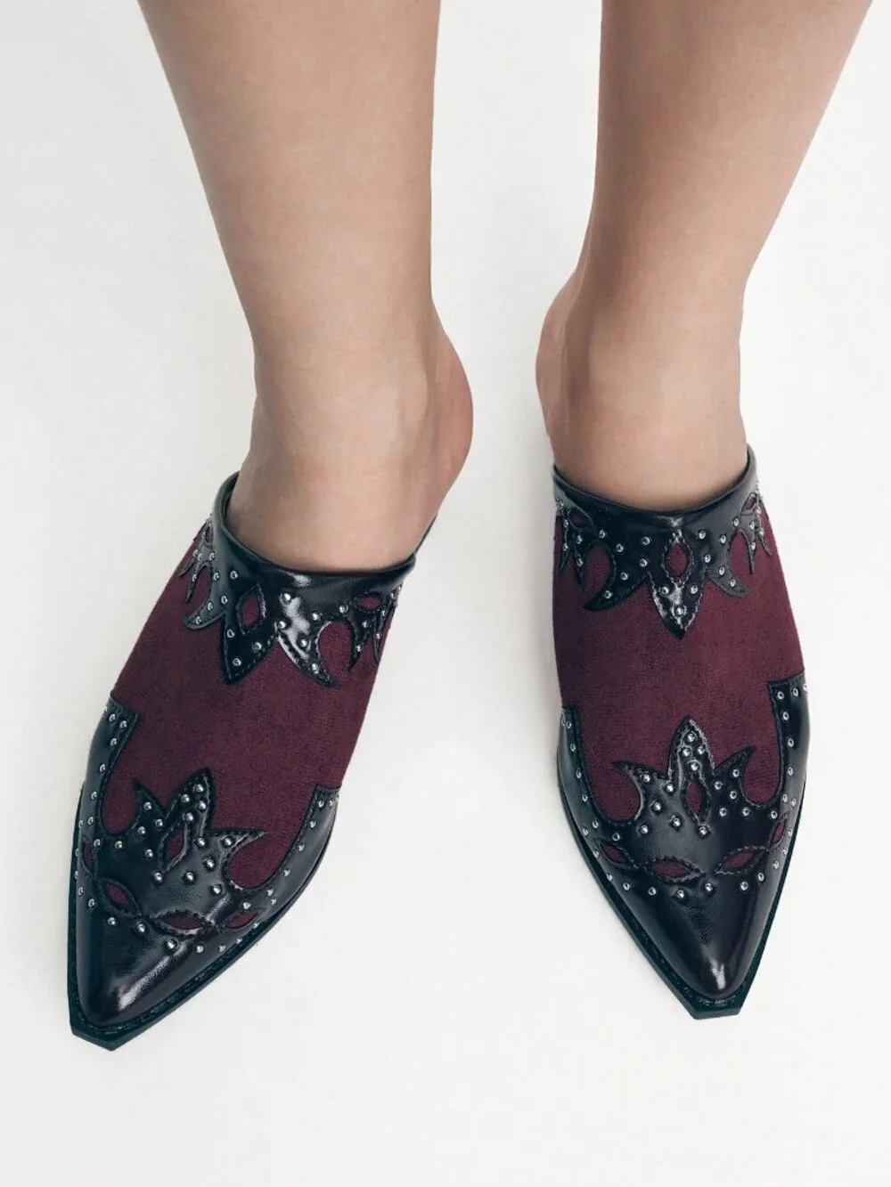 Burgundy Casual Women's Textured Patchwork Mule Chunky Heel Slip-On Shoes